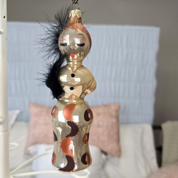 Elegant Feathered Lady Blown Glass Christmas Ornament Signed Glitter Vintage - Picture 2 of 10